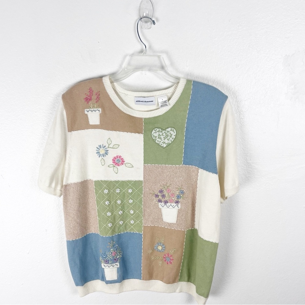 ALFRED DUNNER Ramie Cotton Square Floral Patch Short Sleeves Sweater Top Large